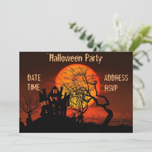 ハローウィンパーティ幽霊のよく出るハウスブラック&オレンジ 招待状 (スタンド正面)