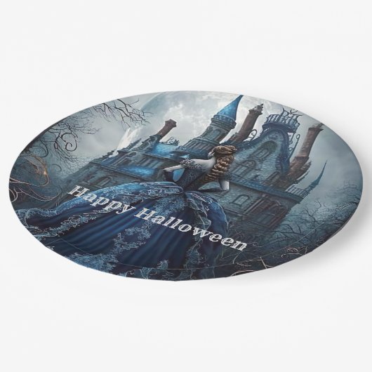 ハローウィンパーティ幽霊のよく出るハウスブルーナイトホラー ペーパープレート (アングル)