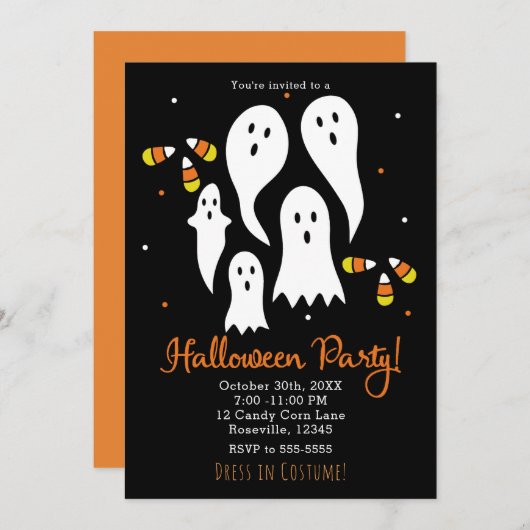 ハローウィンパーティ幽霊&キャンディーコーンブラックオレンジ 招待状 (正面/裏面)