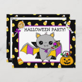 ハローウィンパーティ招待状とこうもり保持飴 ポストカード (正面/裏面)