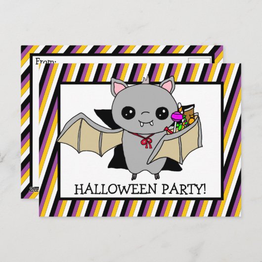 ハローウィンパーティ招待状とこうもり保持飴 ポストカード (正面/裏面)