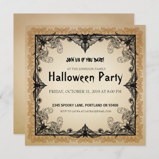 ハローウィンパーティ招待状ヴィンテージゴシックこうもり 招待状 (正面/裏面)