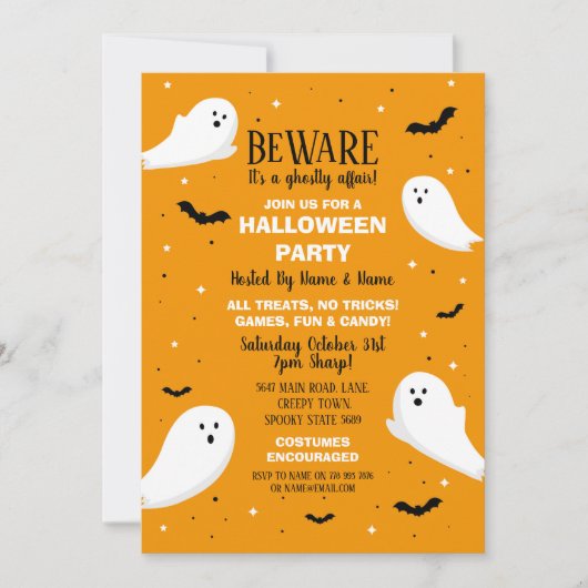ハローウィンパーティ招待状幽霊オレンジこうもりおもしろい 招待状 (正面)