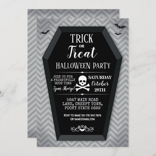 ハローウィンパーティ招待状棺こうもりスカル十字骨 招待状 (正面/裏面)