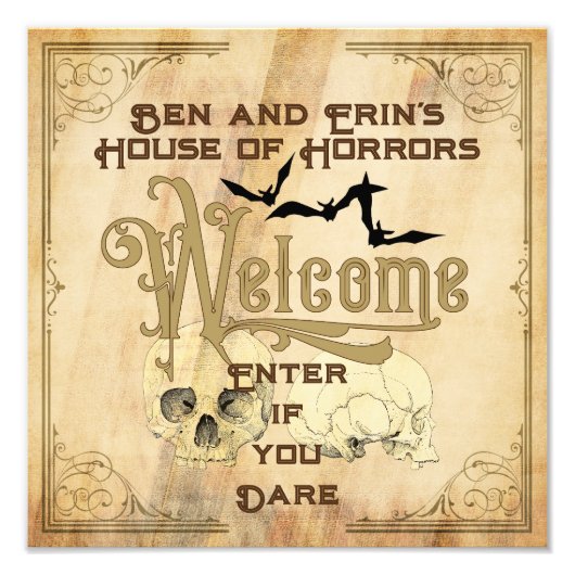 ハローウィンパーティ標識ヴィンテージスカルこうもりタイポグラフィ フォトプリント (正面)