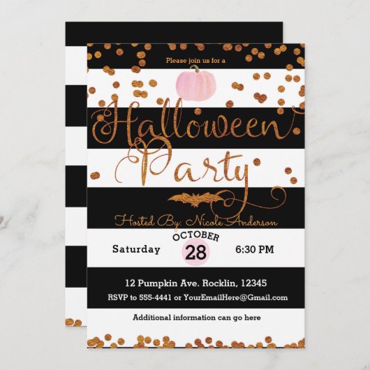 ハローウィンパーティ白黒ピンクオレンジシック 招待状 (正面/裏面)