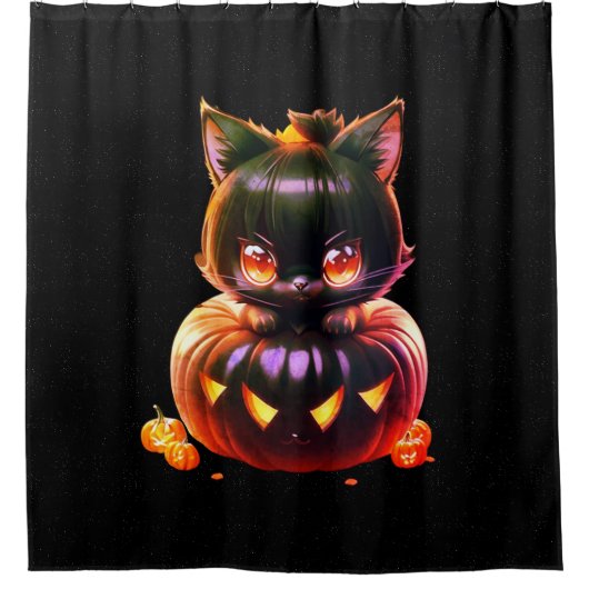 ハローウィンパーティ黒猫カボチャ怖い シャワーカーテン (正面)