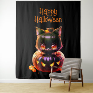 ハローウィンパーティ黒猫カボチャ怖い タペストリー