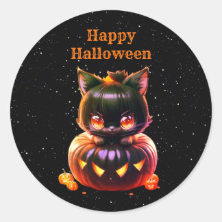 ハローウィンパーティ黒猫カボチャ怖い ラウンドシール