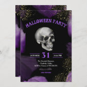 ハローウィンパーティ | スカルパープル金ゴールドグリッター 不気味 招待状 (正面/裏面)