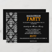 ハローウィンパーティ-黒いゴシック様式ダマスク織 招待状 (正面/裏面)