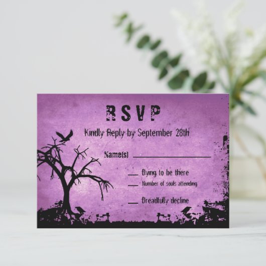 ハローウィーンウェディングRSVP不気味な木とカラス 出欠カード (スタンド正面)