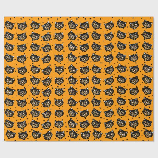ハローウィーンブラックキャット顔オレンジスターズ ラッピングペーパー (フラット)