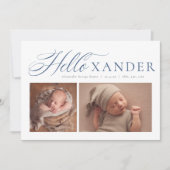 ハローエレガントスクリプト2枚のネイビーブルーボーイ誕生 案内状 (正面)