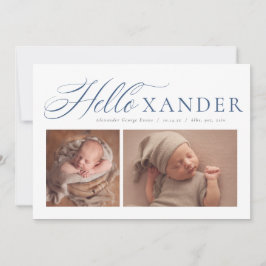 ハローエレガントスクリプト2枚のネイビーブルーボーイ誕生 案内状