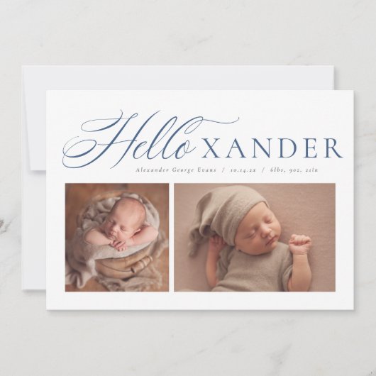 ハローエレガントスクリプト2枚のネイビーブルーボーイ誕生 案内状 (正面)