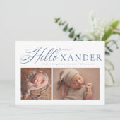 ハローエレガントスクリプト2枚のネイビーブルーボーイ誕生 案内状 (スタンド正面)