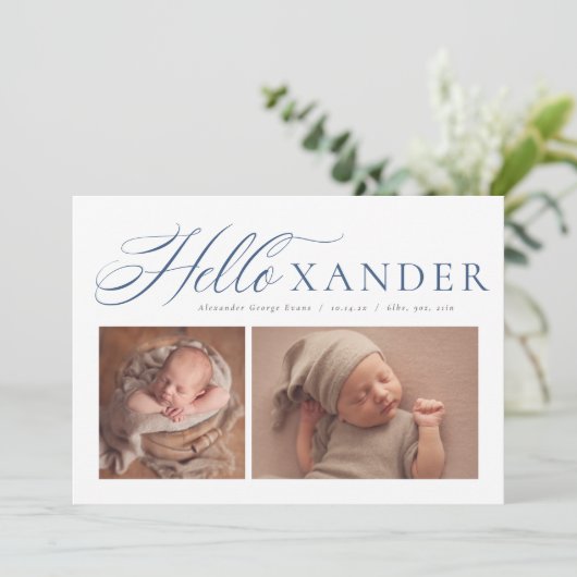 ハローエレガントスクリプト2枚のネイビーブルーボーイ誕生 案内状 (スタンド正面)