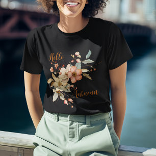 ハローオータムウォーターカラーフローラブラック Tシャツ