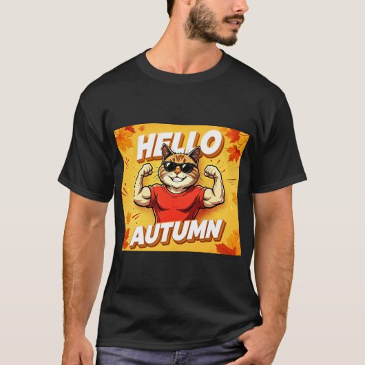 ハローオータム 筋肉 猫 Tシャツ (正面)