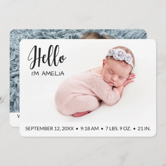 ハローオーバーレイベビーガール写真ミニマルモダンリスト 案内状 (正面/裏面)