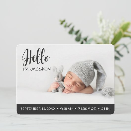 ハローオーバーレイ男の赤ちゃんモダン写真ダークグレー 案内状 (スタンド正面)