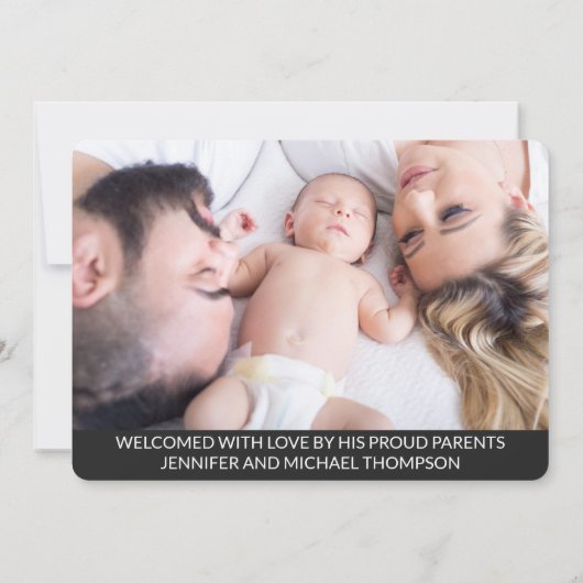 ハローオーバーレイ男の赤ちゃんモダン写真ダークグレー 案内状 (裏面)