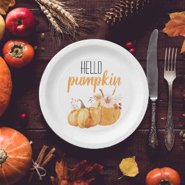 ハローカボチャモダンオレンジカボチャ花付き ペーパープレート
