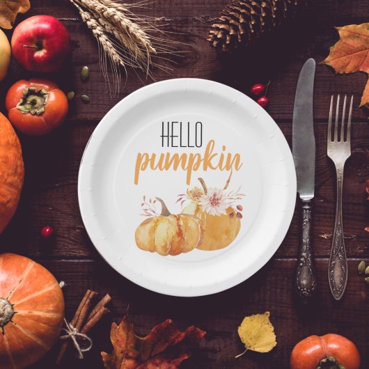 ハローカボチャモダンオレンジカボチャ花付き ペーパープレート