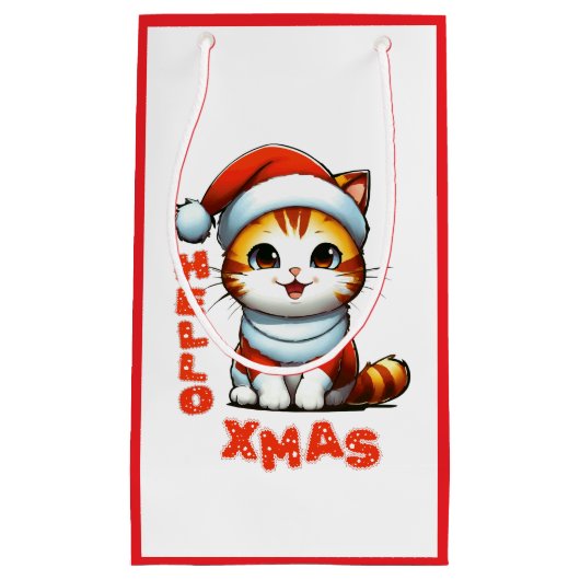 ハロークリスマス – サンタの衣装を着た可愛いクリスマス猫 スモールペーパーバッグ (正面)