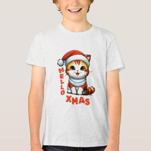 ハロークリスマス – サンタの衣装を着た可愛いクリスマス猫 トライブレンドＴシャツ (正面)