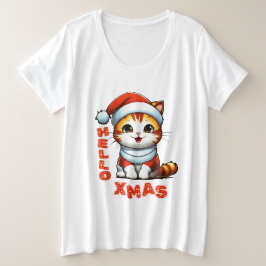 ハロークリスマス – サンタの衣装を着た可愛いクリスマス猫 プラスサイズTシャツ (デザイン正面)