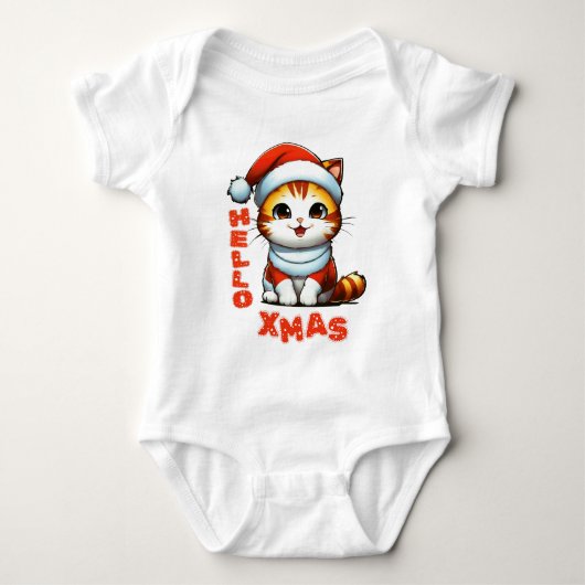 ハロークリスマス – サンタの衣装を着た可愛いクリスマス猫 ベビーボディスーツ (正面)