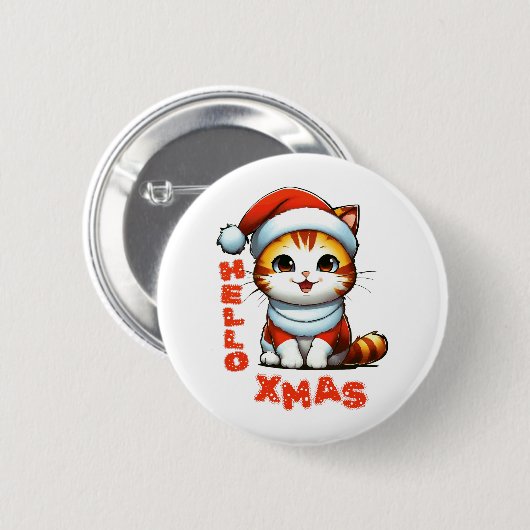 ハロークリスマス – サンタの衣装を着た可愛いクリスマス猫 缶バッジ (正面&裏面)