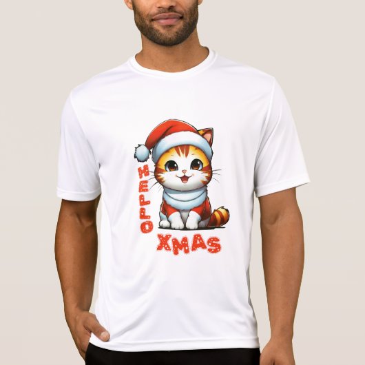ハロークリスマス – サンタの衣装を着た可愛いクリスマス猫 Tシャツ (正面)