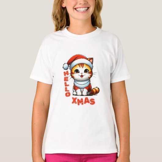 ハロークリスマス – サンタの衣装を着た可愛いクリスマス猫 Tシャツ (正面)
