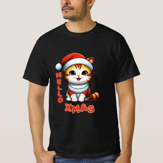 ハロークリスマス – サンタの衣装を着た可愛いクリスマス猫 Tシャツ (正面)