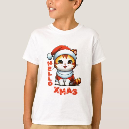 ハロークリスマス – サンタの衣装を着た可愛いクリスマス猫 Tシャツ (正面)