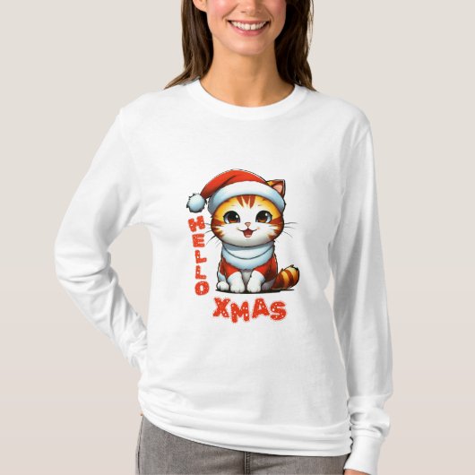 ハロークリスマス – サンタの衣装を着た可愛いクリスマス猫 Tシャツ (正面)