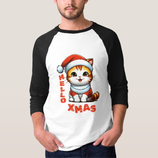 ハロークリスマス – サンタの衣装を着た可愛いクリスマス猫 Tシャツ (正面)