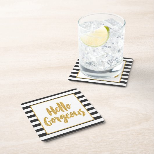 ハローゴスフェイク金ゴールドグリッターストライプの スクエアペーパーコースター (インサイチュ)