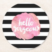 ハローゴスブラックストライプ&ピンクウォーターカラー ラウンドペーパーコースター (正面)