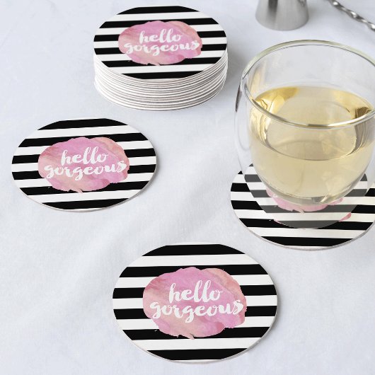 ハローゴスブラックストライプ&ピンクウォーターカラー ラウンドペーパーコースター