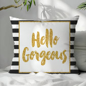 ハローゴスブラック&ホワイト金ゴールドグリッターストライプ クッション
