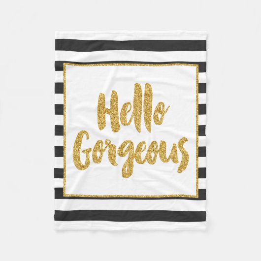 ハローゴスブラック&ホワイト金ゴールドグリッターストライプ フリースブランケット (正面)