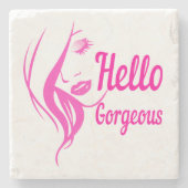 ハローゴスラブリーレディ顔スケッチタイポグラフィ ストーンコースター (正面)