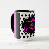 ハローゴス白黒水玉模様ホットピンクマグ マグカップ (正面左)