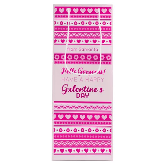 ハローゴージャージーガレンティンデーかわいいピンクのハート名 ワインギフトバッグ (正面)