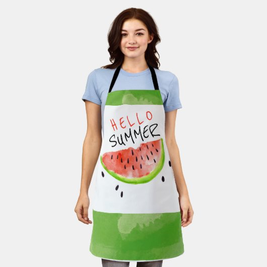 ハローサマーウォーターカラースイカ緑ホワイト エプロン (着用した状態)