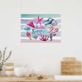 ハローサマーウォーターカラーモノグラムビーチストライプ ポスター (キッチン)